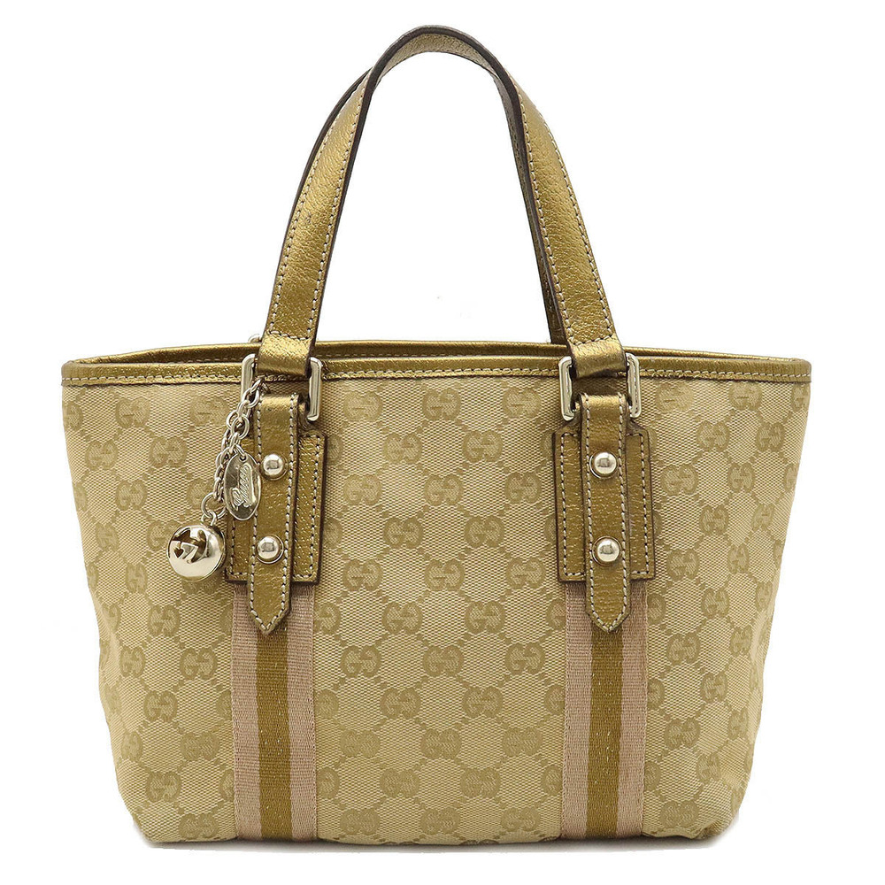 Gucci GG Canvas Sherry Tote Bag Handbag Leather Beige Cream Pink Gold Charm